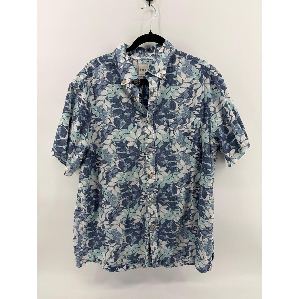 Rowm, Blue Palm Reverse Floral All Over Print Hawaiian Shirt, Mens Size XL